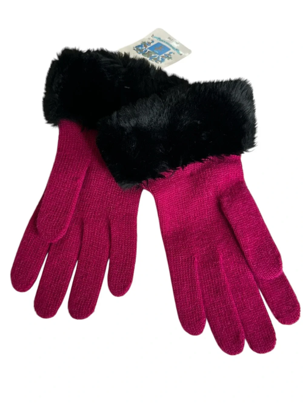 Portolano Pink Soft Lambswool Knit Gloves Black Faux Fur Cuffs NWT